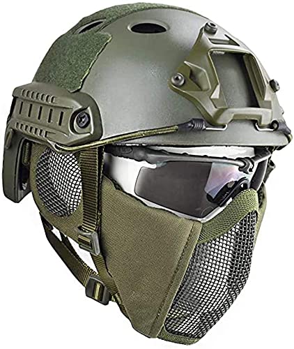 PJ Typ Tactical Paintball Airsoft Multifunktionaler Fast Helm & Protect Ear Faltbare Doppelgurte Half Face Mesh Maske & Goggle, OD, 19X20cm von N\C