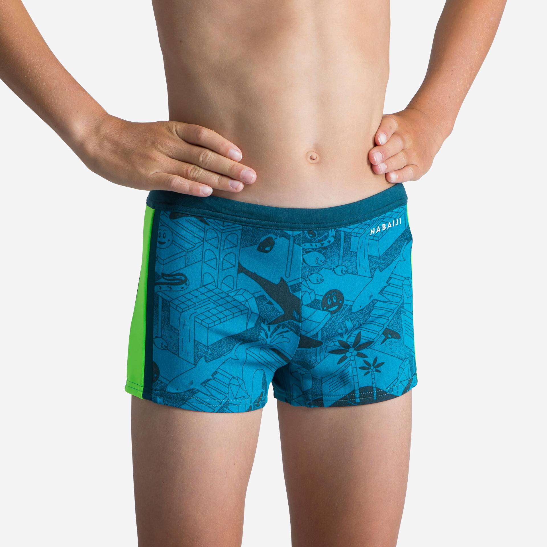 Badehose Boxer Jungen - Yokob dunkelblau/neongrün von NABAIJI