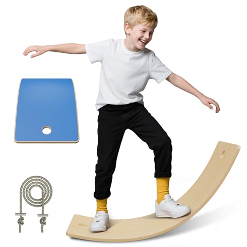 NAIZY Balance Board Kinder Balancierbalken mit Seil Bogen Balanceboard aus Holz Schwebebalken Anti-Rutsch Balancebrett Wobble Board, Blau von NAIZY