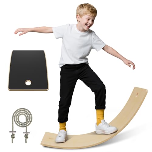 NAIZY Balance Board Kinder Balancierbalken mit Seil Bogen Balanceboard aus Holz Schwebebalken Anti-Rutsch Balancebrett Wobble Board, Schwarz von NAIZY