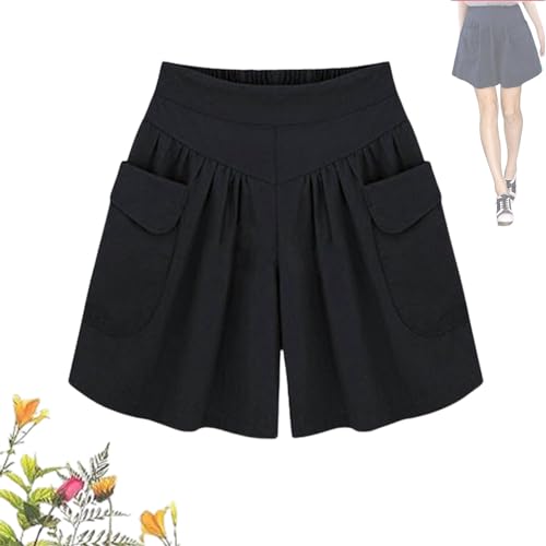 Elmyse Shorts, Damen-Strand-Shorts, lässig, Hot-Shorts mit elastischem Bund, Damen-Shorts in Übergröße, plissiert, weites Bein (Medium,Black) von NAKEAH
