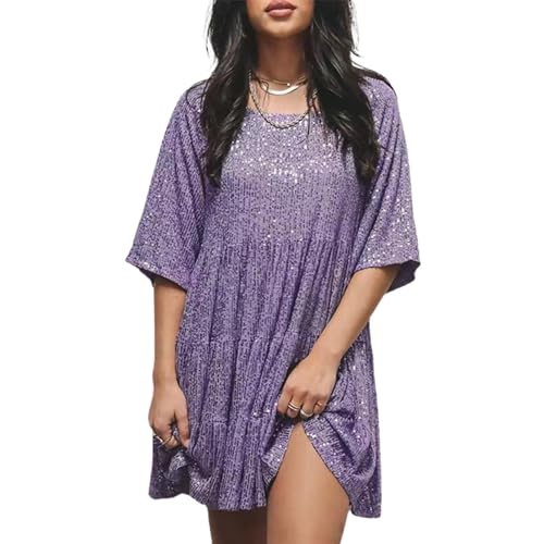 Pailletten-Babypuppenkleid, glitzerndes Glitzerkleid für Damen, kurzärmliges Kleid mit Pailletten und Rundhalsausschnitt und lockerer Taille (Large,Purple) von NAKEAH