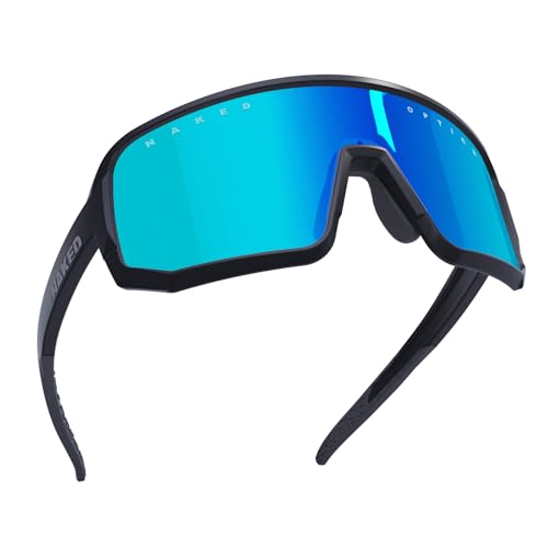 NAKED Optics VOLT Sportbrille Herren, Fahrradbrille Damen, Sport Sonnenbrille mit UV400 Schutz, Schnelle Brille, Rennrad Radbrille, Laufbrille, wechselbare Gläser (Schwarz (Blaues Glas) - Schwarz) von NAKED Optics