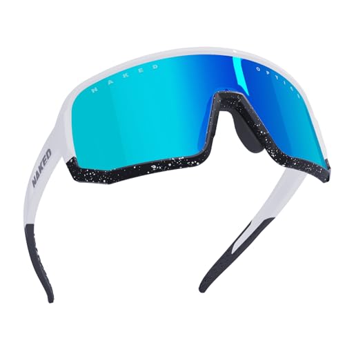 NAKED Optics VOLT Sportbrille Herren, Fahrradbrille Damen, Sport Sonnenbrille mit UV400 Schutz, Schnelle Brille, Rennrad Radbrille, Laufbrille, wechselbare Gläser (Weiß (Blaues Glas) - BlackDots) von NAKED Optics
