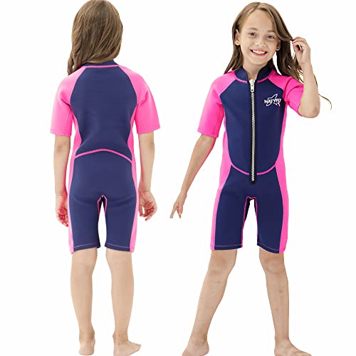 NATYFLY Kids Shorty Neoprenanzug 2.5mm Kinder Neopren Thermal Badeanzug UV-Schutz Badeanzüge für Mädchen Jungen One Piece WetSuits (Rosa, 12 Jahre) von NATYFLY