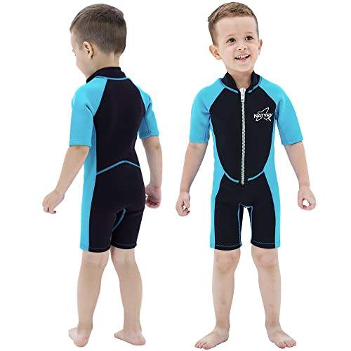 NATYFLY Kids Shorty Neoprenanzug 2.5mm Kinder Neopren Thermal Badeanzug UV-Schutz Badeanzüge für Mädchen Jungen One Piece WetSuits (Blau, 10 Jahre) von NATYFLY