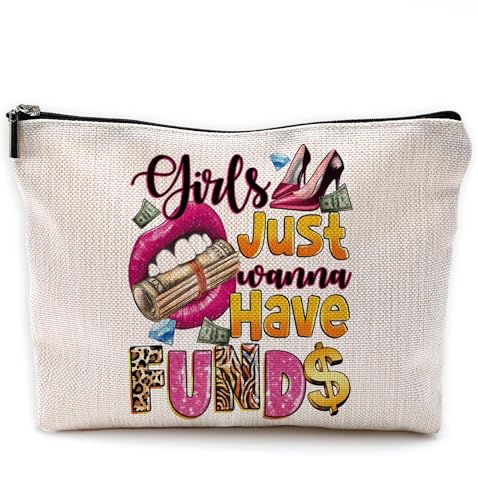 NEGIGA Lustige Make-up-Tasche für Damen, Aufschrift "Girls Just Wanna Have Funds", Geschenk für Damen, lustige Geschenke für Frauen, Kollegen, Freunde, kleine Kosmetiktasche für Geldbörse, Beige von NEGIGA