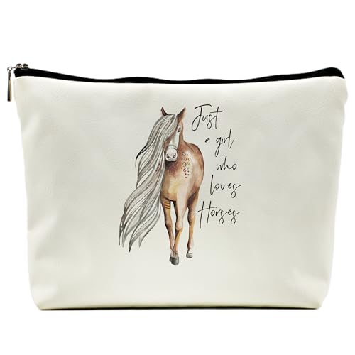 NEGIGA Make-up-Tasche mit Aufschrift "Just a Girl Who Loves Horses", Reise-Kosmetiktasche für Damen und Mädchen, Bauernhaus-Pferd-Kosmetiktasche mit Reißverschluss-Tasche, Reise-Kulturbeutel von NEGIGA