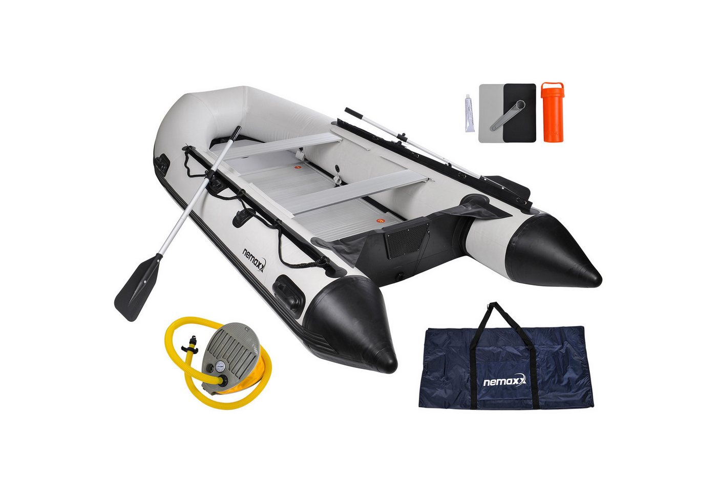 NEMAXX Schlauchboot [INKL.2 PADDEL,TASCHE+LUFTPUMPE] – Paddelboot 380 cm für 7 Personen, (2 PADDEL/TASCHE/LUFTPUMPE/Reparatur-Set/Sitzbank/Gebrauchsanleitung), Aufblasbarer Hochdruckboden/Für Motoren bis 22 kW (30 PS)/Alu-Paddel von NEMAXX