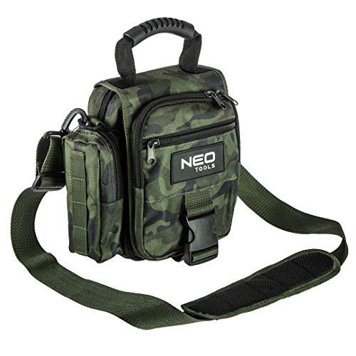 Neo Tools Werkzeugtasche CAMO für Handwerker, Camouflage-Optik, ausklappbar, regulierbarer Schultergurt, 100% Polyester, 4 Außentaschen, 4 Innentaschen, Clipverschluss, robuste Reißverschlüsse von NEO TOOLS