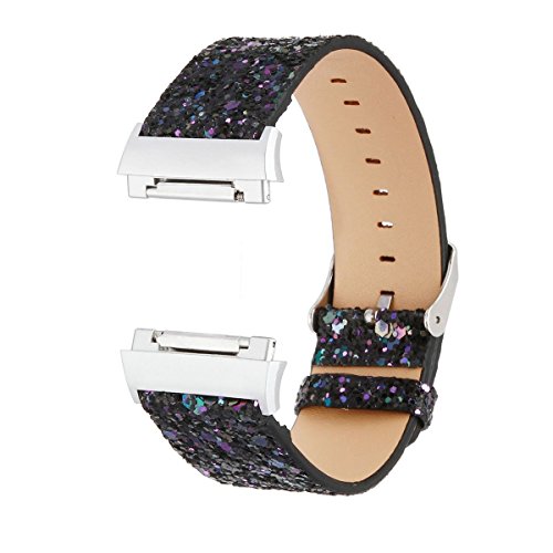 NEO+ Fitbit Ionic Band, Leder Glitzer Bling Handschlaufe Armband Strap für Fitbit Ionic Smartwatch Aktivitätstracker (Glitzer schwarz) von NEO+