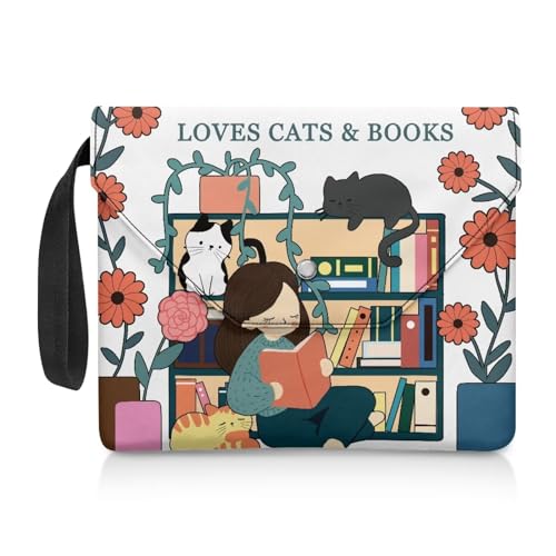 NETILGEN Buchhülle mit Aufschrift "Loves Cat and Books" für Mädchen, mit gepolsterter Buchschutztasche für Taschenbuch, Bibel, Lehrbücher, Buch, Sox, Geldbörse für Damen von NETILGEN