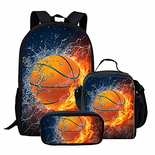 NETILGEN Fire Basketball Print Schultaschen-Set, Kinder und Jungen lebendiges Design 3-teilige Schultasche mit isolierter Kleiner Lunchbox, Bleistifthalter, Schreibwarenbox von NETILGEN