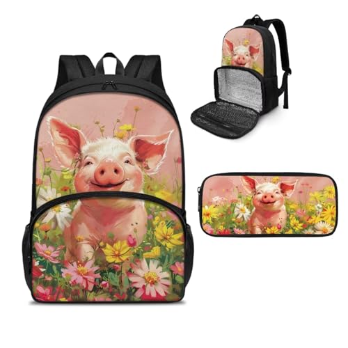 NETILGEN Isolierter Lunch-Rucksack, Laptop-Lunch-Tasche mit Federmäppchen für Picknick, Reisen, Arbeit, Geschenk für Frauen, Schweinchen Gänseblümchen Pink, Einheitsgröße, Tagesrucksack von NETILGEN