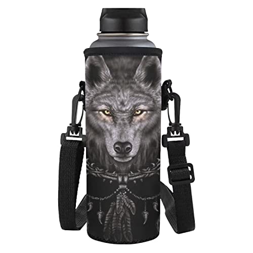 NETILGEN Wasserflaschen-Tragetasche, 750 ml, mit verstellbarem Riemen, passend für Edelstahl-/Glas-/Kunststoffflaschen, Crossbody-Wasserflaschentasche für Camping, Wandern, Sport, schwarzer Wolf von NETILGEN