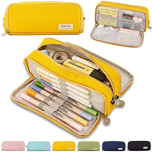 Federmäppchen, Mäppchen, Federtasche mädchen jungen, Federtaschen Teenager Mädchen Etui Stifte 3 Fach, Große Kapazität Pencil Case für Schule & Büro - Gelb ( Nur EIN Federmäppchen, kein Stift ) von NEWUPZSI