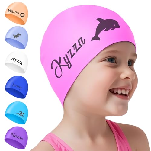 NGTSFLY Badekappe Kinder mit Name Muster,2025 Neueste Upgrade Verdickt Silikon Badekappe für Jungen Mädchen Der Text Ist Dunkler und Klarer (Rosa, M) von NGTSFLY