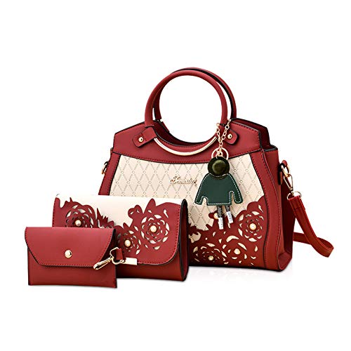 NICOLE & DORIS Damen Handtasche 3-teiliges Set Elegant Ümhängetasche+Praktische Geldbörse+Kartenpaket für Damen Schultertasche Tragetasche Rotwein von NICOLE & DORIS