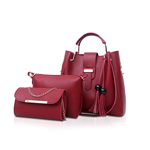 NICOLE & DORIS Damen Handtaschen 3 Stück Taschen für Damen Kette Tasche Top-Griffe Schultertaschen PU Leder Tragetaschen Umhängetasche Rot von NICOLE & DORIS