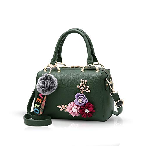 NICOLE & DORIS Damen Handtaschen Klein Umhängetasche Blumen Henkeltasche Floral Handtaschen Schultertasche mit Pompom Anhänger Crossbody Bag Designer Tasche Grün von NICOLE & DORIS