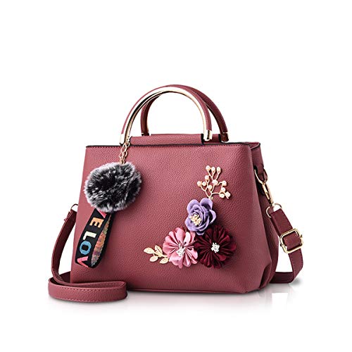 NICOLE & DORIS Damen Leder Handtasche Umhängetaschen mit Blume Jahrgang Griff Tasche Designer Tote Geldbörse mit Pom Pom dunkelpink von NICOLE & DORIS