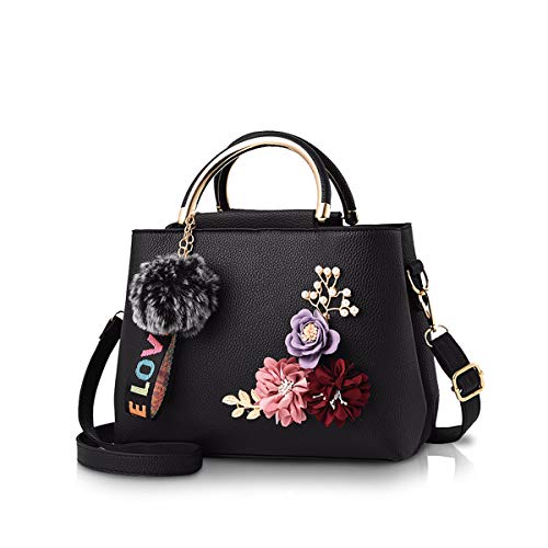 NICOLE & DORIS Damen Leder Handtasche Umhängetaschen mit Blume Jahrgang Griff Tasche Designer Tote Geldbörse mit Pom Pom Schwarz von NICOLE & DORIS