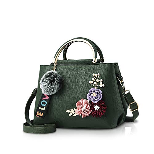 NICOLE & DORIS Damen Leder Handtasche Umhängetaschen mit Blume Jahrgang Griff Tasche Designer Tote Geldbörse mit Pom Pom dunkelgrün von NICOLE & DORIS