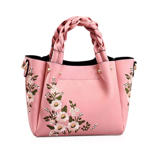 NICOLE & DORIS Elegant Handtasche Damen Shopper Tote PU-Leder Henkeltasche Frauen Schultertasche Bestickte Umhängetasche für Arbeit Schule Shoppin Rosa von NICOLE & DORIS