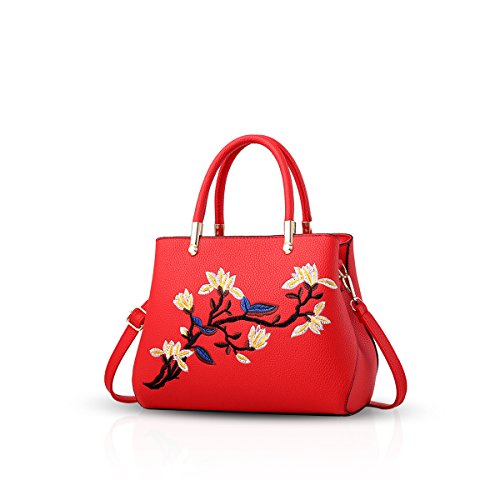 NICOLE & DORIS Elegante Damen Handtaschen Frauen Schultertaschen mit Stickerei Blume Umhängetasche PU Leder Tote Henkeltasche rot von NICOLE & DORIS