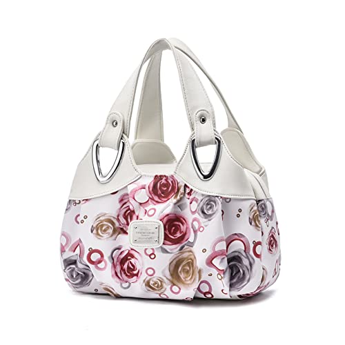 NICOLE & DORIS Handtaschen Damen Designer Tasche Elegante Groß Handtasche Modern Shopper Tote Bag Damentasche mit Blumenmuster Weißer Griff/Rote Rose von NICOLE & DORIS
