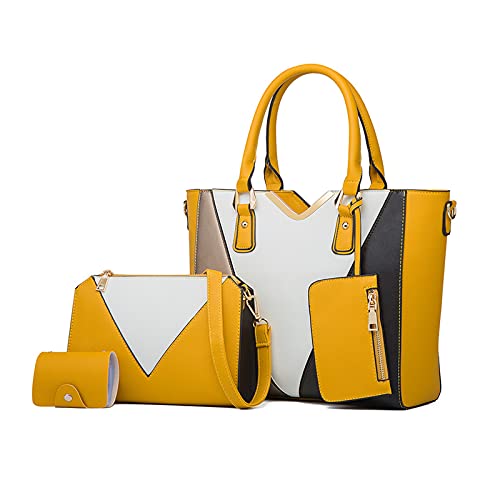 NICOLE & DORIS Handtaschen Damen Groß Frauen Tasche Elegante Schultertaschen V-förmiger Farbblock Tote Bag 4-teiliges Set Gelb von NICOLE & DORIS