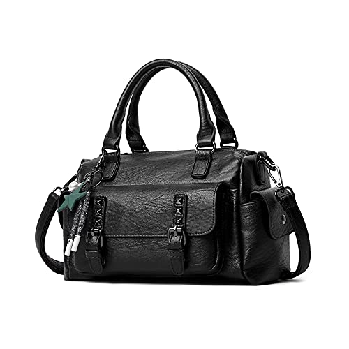 NICOLE & DORIS Handtaschen Damen Umhängetasche Klein Tasche Frauen Schultertasche Retro Crossbody Tasche Handytaschen Geldbörse Weiche Ledertasche Tote Bag mit Anhänger Schwarz von NICOLE & DORIS