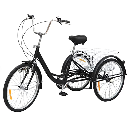 NIGORIY Dreirad für Erwachsene, 24 Zoll 6 Gang Dreiräder, Fahrrad 3 Räder 120KG Tragfähigkeit, Ausgestattet mit Beleuchtung Antirutsch- und Verschleißfeste Räder (Schwarze) von NIGORIY