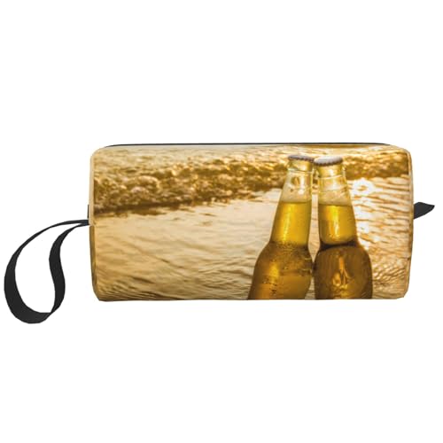 Flaschen Bier Strand Sonnenuntergang Zeit Bedruckt, Make-up-Tasche, Kosmetiktasche, tragbare Reise-Kulturtasche, Make-up-Tasche, Organizer von NIHAPUDW