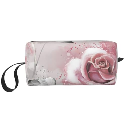 Rosa Blumen-Aquarell-Blumen-Rose-Grau-Blätter-Spritzer, Make-up-Tasche, Kosmetiktasche, tragbare Reise-Kulturtasche, Make-up-Tasche, Organizer von NIHAPUDW