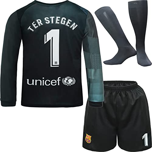 NIHMEX Barcelona TER Stegen Kinder Torwart Trikot Fußball #1, Neu Saison, Shorts Socken Torwarttrikot (Schwarz (Langarm),28) von NIHMEX