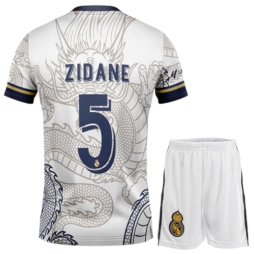 NIHMEX Madrid Legende Zidane #5 Retro Weißer Drache Limitierte Sonderedition Seltenes Fußball Kinder Trikot Shorts Set Jugendgrößen (Weiß,128) von NIHMEX