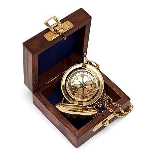 NKlaus 5cm Kompass Taschenuhrform aus Messing in Holzbox Peilkompass Richtungsanzeiger 11674 von NKlaus