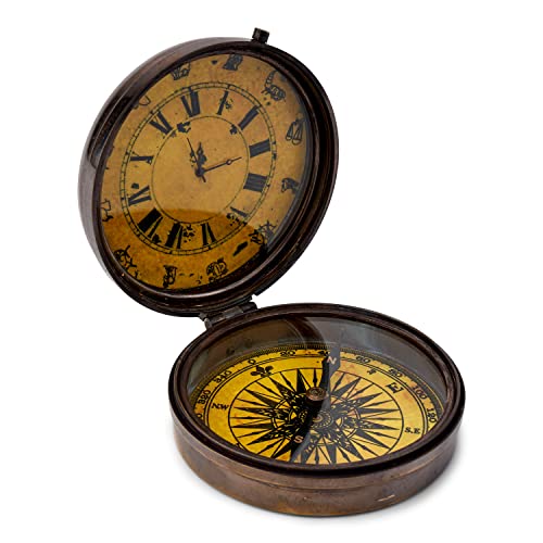 NKlaus Kompass mit Uhr Messing antik 8cm Taschenkompass Peilkompass Richtungsanzeiger 11686 von NKlaus
