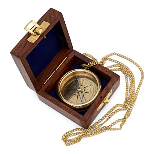 NKlaus Maritim 6cm Kompass Ankergravur mit Kette in der Holzbox aus Messing Gold 11670 von NKlaus