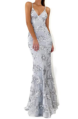 NLAVW Damen-Abendkleid, rosa, sexy, tiefer V-Ausschnitt, figurbetont, Mesh-Schlitz, Pailletten, Party, Abschlussball, formelle Kleider, reife Kleider,Silber,S von NLAVW