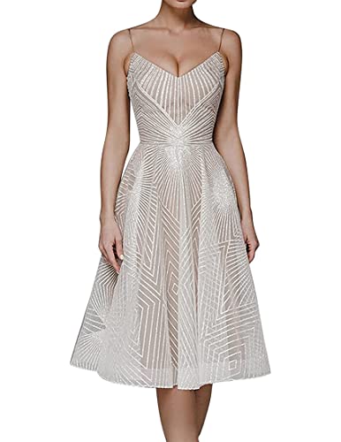 NLAVW Damen-Abschlussballkleid, elegant, ärmellos, Spaghettiträger-Kleid, einfarbig, mit Blumen Bestickt, Knielang, Abendkleid, sexy, schmale Passform,Apricot,XS von NLAVW