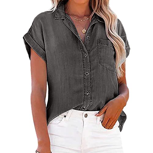 NLAVW Damen Sommer-Jeanshemd mit Knopfleiste, kurzärmelig, Freizeithemd, Oberteil, lockere Passform, Jeansjacke, Bluse, passende Tunika-Bluse,Grau,XXL von NLAVW