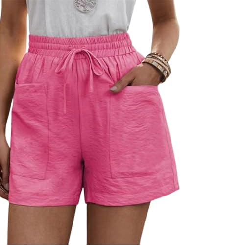 NLIADVY Solide 2 Taschen, lockere, lässige Kurze Hosen, 2024 Sommer-Damen, Neue lockere, lässige Shorts, Damen-Shorts aus Baumwollleinen mit Kordelzug und elastischer Taille (Rose Red,XL) von NLIADVY