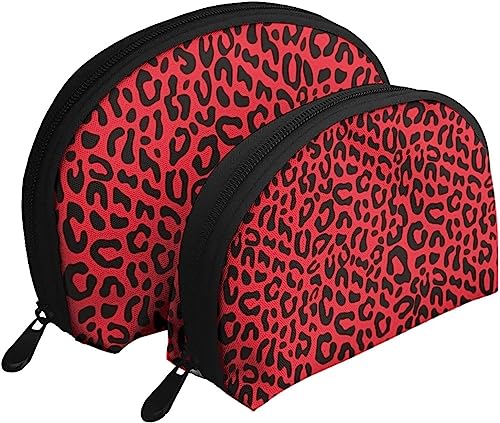 2 Stück Kosmetiktaschen, rotes Leopardenmuster, Hipster-Reise-Make-up-Tasche, Muschel-Kulturbeutel, Damen-Handtasche von NLWQEKV