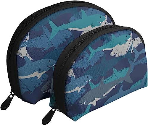 2 Stück Kosmetiktaschen Haie Blau Cartoon Plaid Reise Make-up Tasche Shell Kulturbeutel Damen Handtasche von NLWQEKV