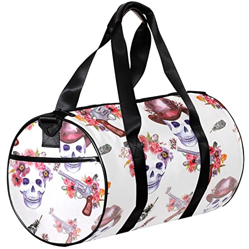 Sporttasche, kleine Reisetasche, Sporttasche für Yoga, rosa Blumen und Totenkopf, Outdoor-Fitnesstasche, Handgepäcktasche von NLWQEKV