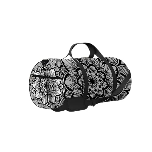Vintage orientalische schwarz-weiße Mandala-Blumenmuster-Sporttasche, Tragetasche, wasserdichte Sporttasche mit Schultergurt, Reißverschluss, 2 Seitentaschen für Damen und Herren, Reise- und Aufbewahr von NLWQEKV