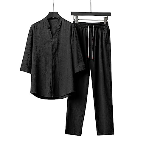 NOGRAX Herren T-Shirt Chinesische Stil Ice Seide Leinen Zweiteiliger Anzug Sommer Dünne Kurzarm T -Shirt Plus Größe Hosen Übergroße Kleidung Männer-Black,XL von NOGRAX