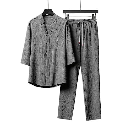 NOGRAX Herren T-Shirt Chinesische Stil Ice Seide Leinen Zweiteiliger Anzug Sommer Dünne Kurzarm T -Shirt Plus Größe Hosen Übergroße Kleidung Männer-Gray,4XL von NOGRAX